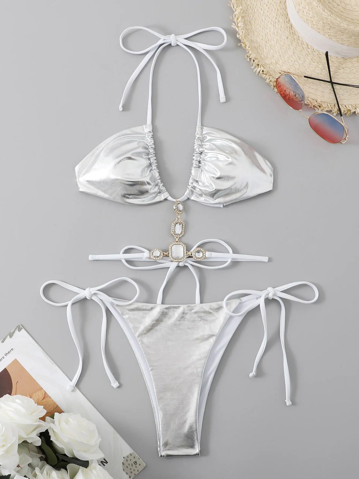 Crystal Bling Diamond Bikini Set Luxury Silver Swimwear Sexy Halter Women 2 Piece Bathing Suit for Pool Party