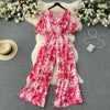 Combinaison en mousseline de soie fleurie style vacances en bord de mer pour femme avec taille haute, coupe slim et décontractée, jambe large flu