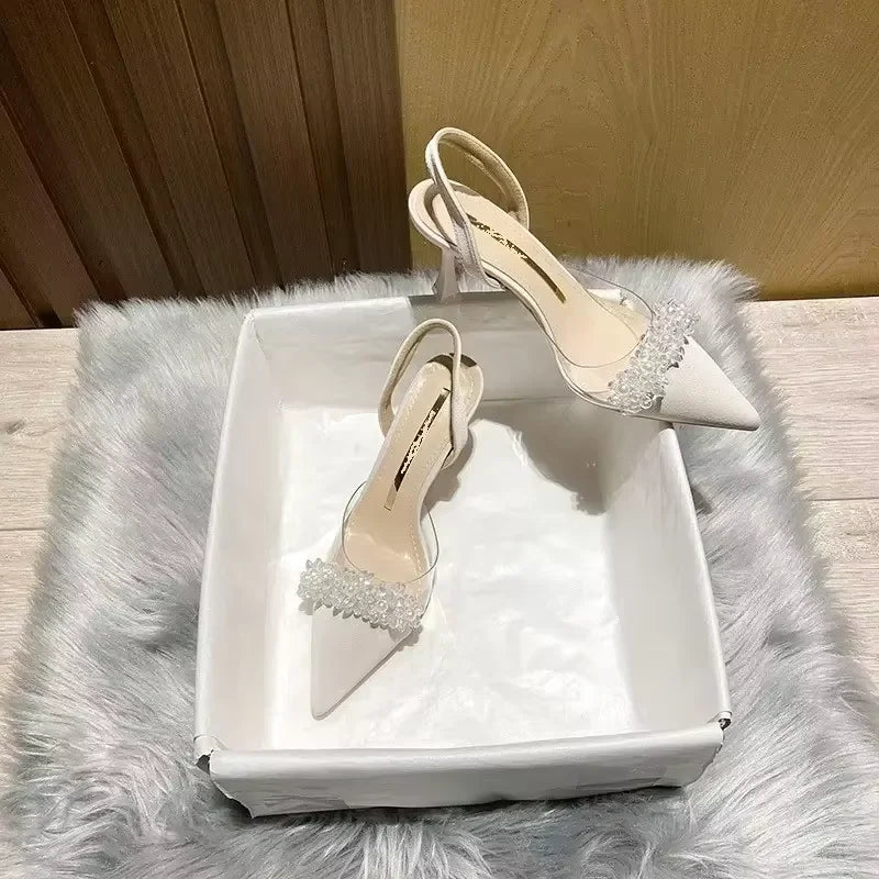 Baotou Sandals for Women in Spring and Summer, New French Transparent Pointed Small Heels, White High Heels