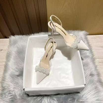Baotou Sandals for Women in Spring and Summer, New French Transparent Pointed Small Heels, White High Heels