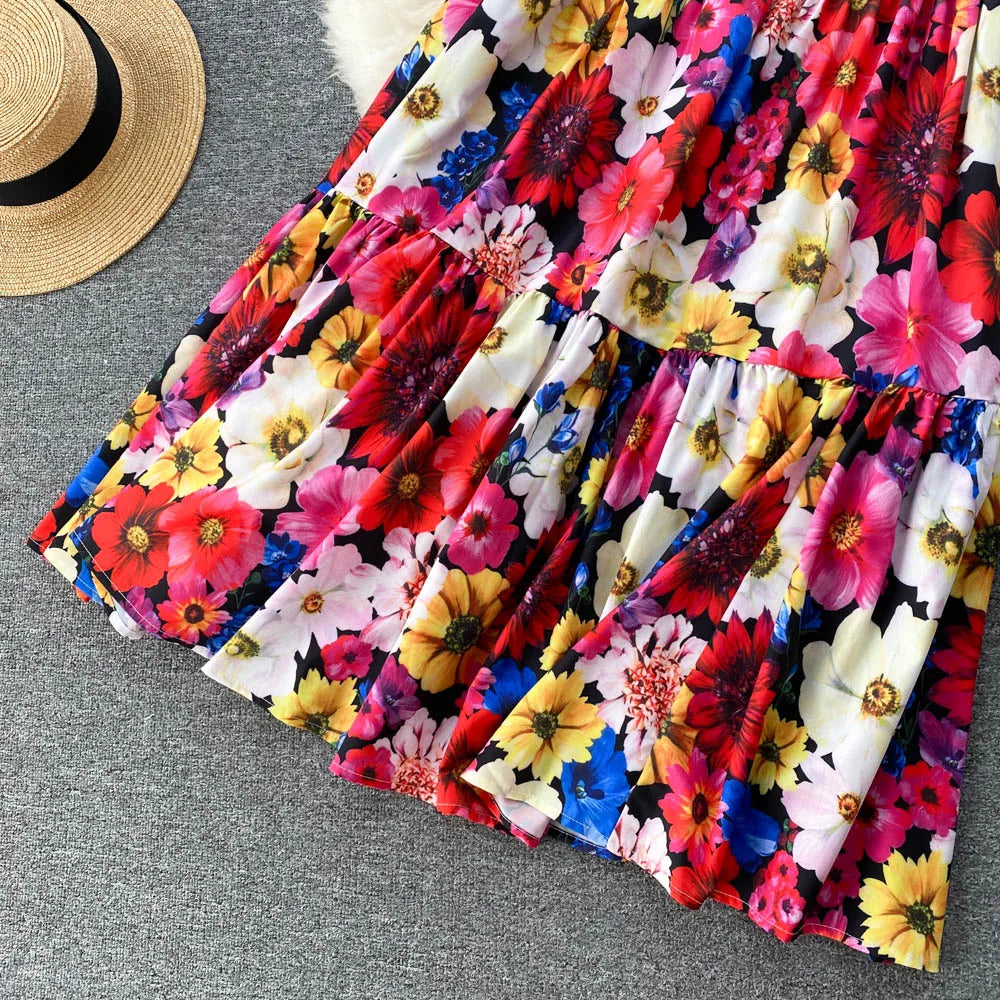 ANSZKTN et le style de vacances américain ANSZKTN Print Suit Femme Courte Bretelle Haut Jupe Plissée Ensemble