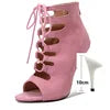 Chaussures latines roses à bout ouvert en daim, bottes de danse, Salsa, Tango, performance, pratique, chaussures de danse de salon, chaussures de jazz à la cheville pour femmes