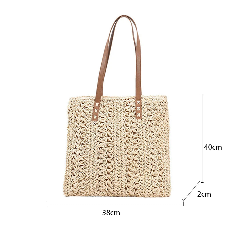 Borsa da spiaggia quadrata in paglia cava Borsa a tracolla intrecciata fatta a mano Borsa da viaggio per lo shopping in rafia in rattan Borsa casual per le vacanze estive bohémien