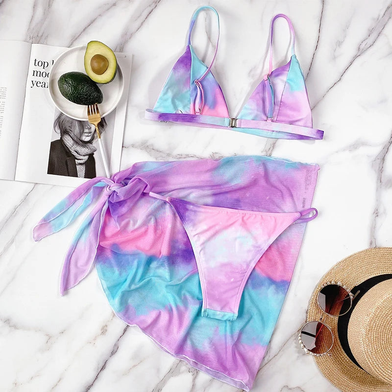 Sexy Push Up Swimwear 2023 costume da bagno donna 3 pezzi Tie Dye Bikini Set vita bassa costume da bagno brasiliano Halter Beach Wear Monokini