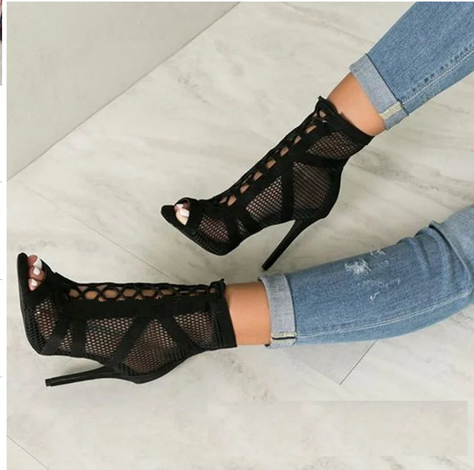 Bottes de danse latine de haute qualité en maille noire et daim, sandales sexy à lacets et talons hauts, fabriquées en usine.