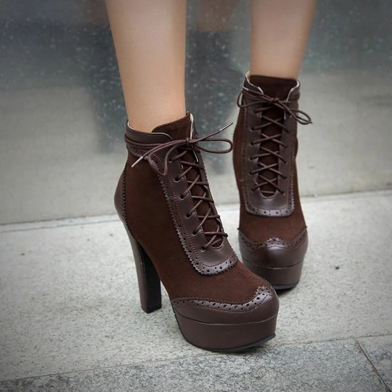 REAVE CAT Ankle Boots Lace Up Flock Platforms Round Toe Block Heel Short Plush Black Yellow Grey A4506