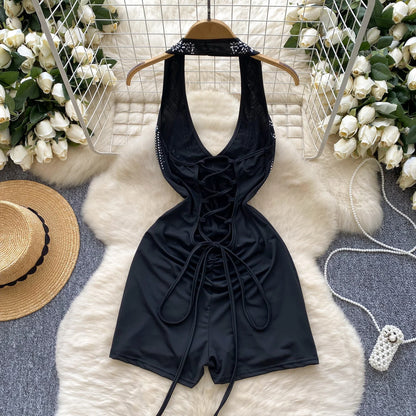 Combinaison courte moulante à col en V, sans manches, taille haute, dos nu, en dentelle, pour femme, style Y2K, vente en gros