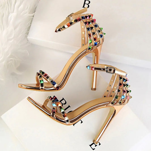 2022 Colorful Rivets Studded Sandals for Women Sexy 11CM Heels Bling Reflective Chaussure Talon Fashionable Shoes for Summer