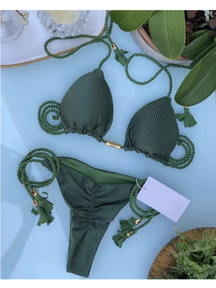 Neon Tassel Bikini Women Ribbed Swimsuit Sexy Swimwear Micro Thong Triangle Bandage Swimsuit 2023 Halter Brazilian Biquini
