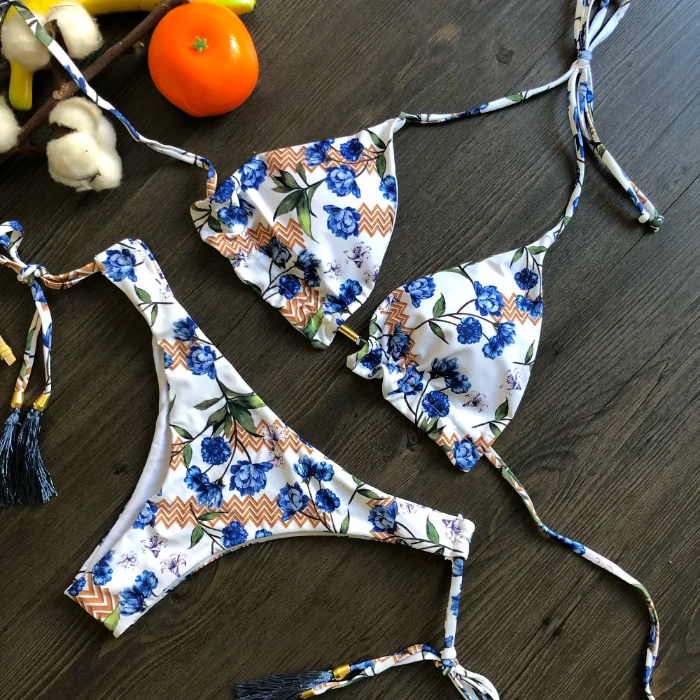 RUOTONGSEPT Sexy Micro Bikinis Set 2024 New Swimsuit Women Feather Print Bandage Swimwear Female Bathing Suit Brazilian Biquinis