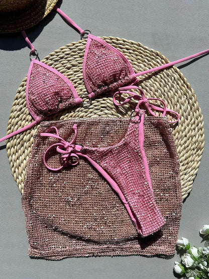 Bikinis Sets Swimsuit for Women Sparkling Sequin Sexy Bikini Swimwear Three Piece Mesh Swimsuit Swimwear for Women