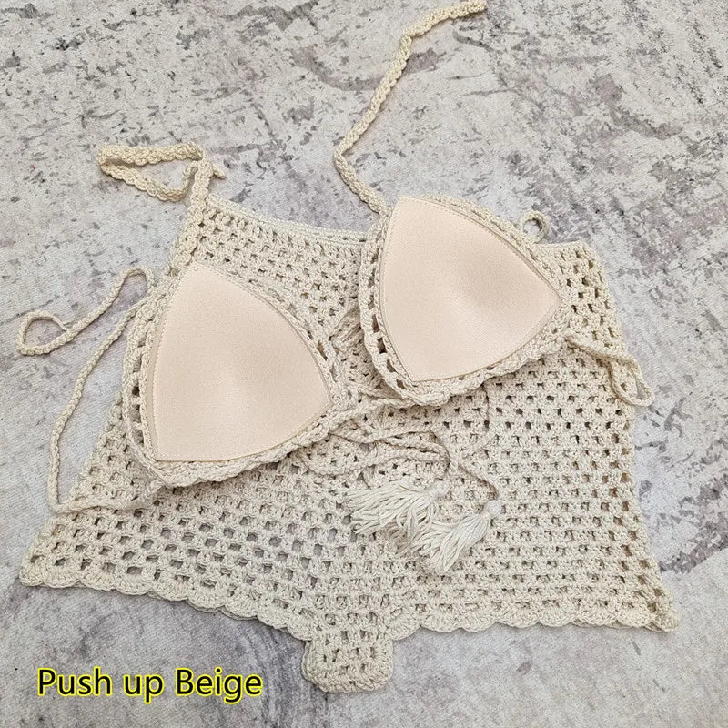 2024 Damen Sommer Sexy Handgemachtes Häkel-Bikini-Set Damen Urlaub Freizeit Strand Badeanzug Handgehäkelter Split Bikini BH Anzug Mädchen