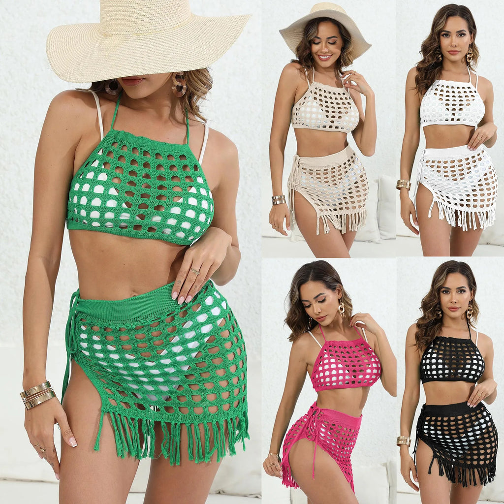 Stock Factory Hollow Out Two Pieces Set Summer Bikini Swimming Wear Crochet Tassels Knit Bathing Suit Beach Cover up Dress Skirt