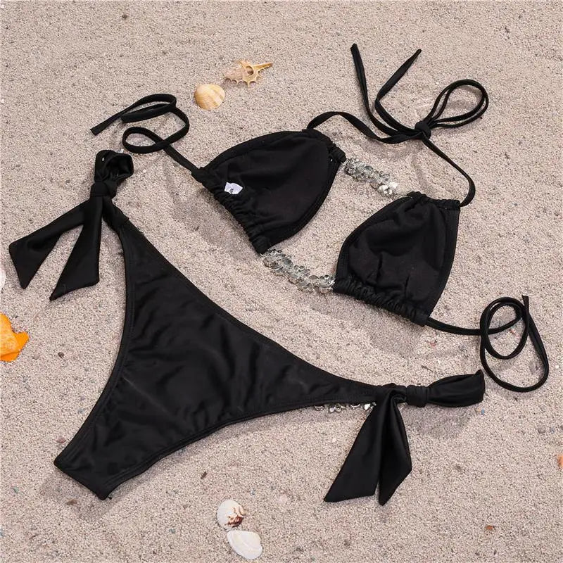 Bikini Leopardato con Strass 2026, Costume da Bagno Donna Scavato, Perizoma Femminile, Set Bikini con Diamanti, Halter