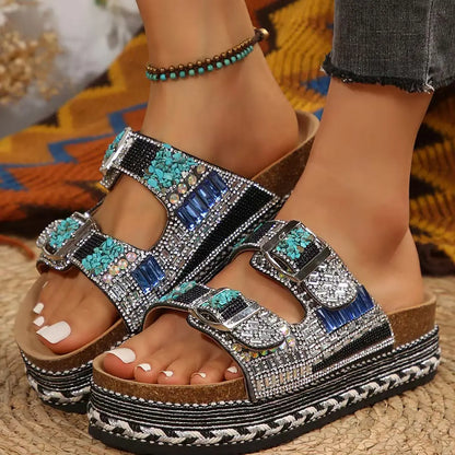 New Summer Flat Sandals Thick Bottom Hemp Rope Double Button Water Diamond Cork Beach Slippers Large Women's Slippers