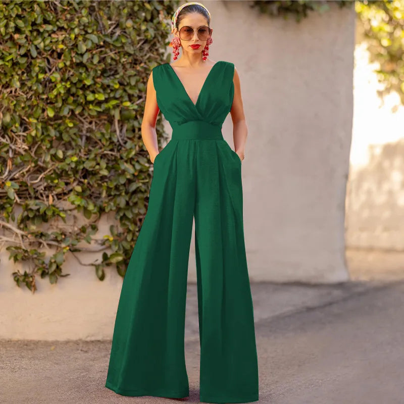 Combinaison pantalon longue à jambes larges et col en V pour femme, taille haute, sans manches, couleur unie, pour le bureau, printemps été