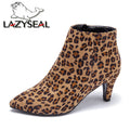 LazySeal 2025 New Luxury Leopard Women Boots Leather Winter Casual Shoes Hoof Heels Zip Pointed Toe Ankle Boots Big Size 43