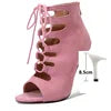 Chaussures latines roses à bout ouvert en daim, bottes de danse, Salsa, Tango, performance, pratique, chaussures de danse de salon, chaussures de jazz à la cheville pour femmes