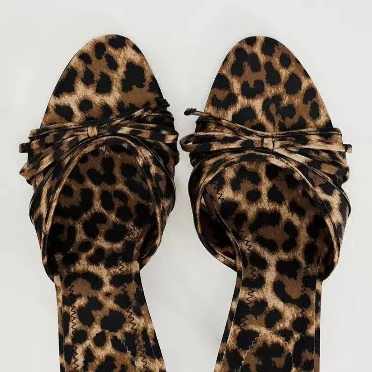 2025 Women's Leather Shoes with Leopard Print, Bowknot Design, Thin Stiletto Heels, Open Back, Round Toe, Open Toe Sandals