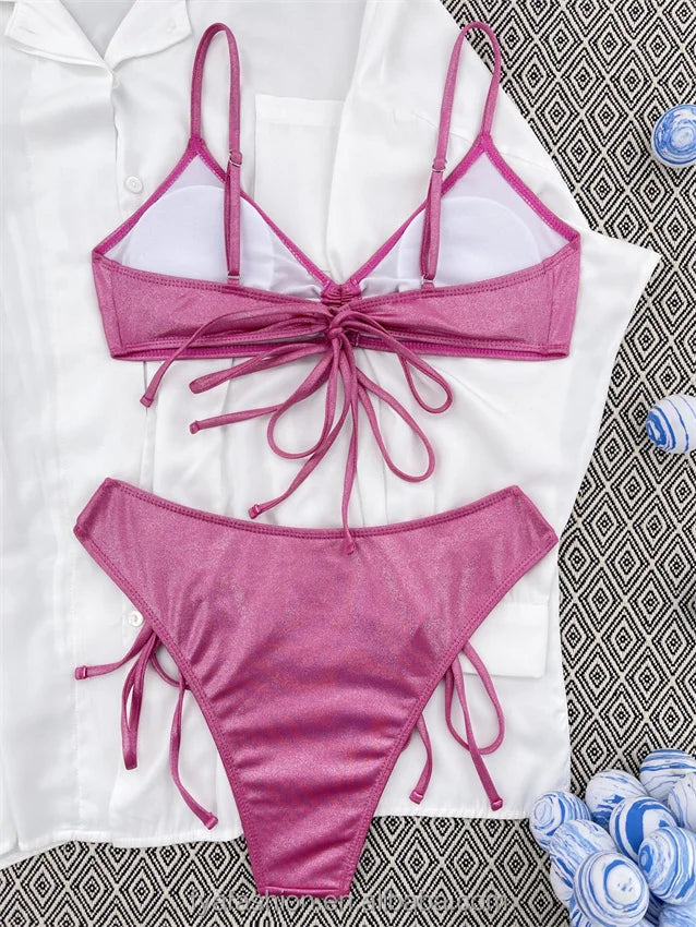 2024 Fashion Young Reflective Sexy Bikini 2 Piece Bandage Pink Beachwear Swimwear