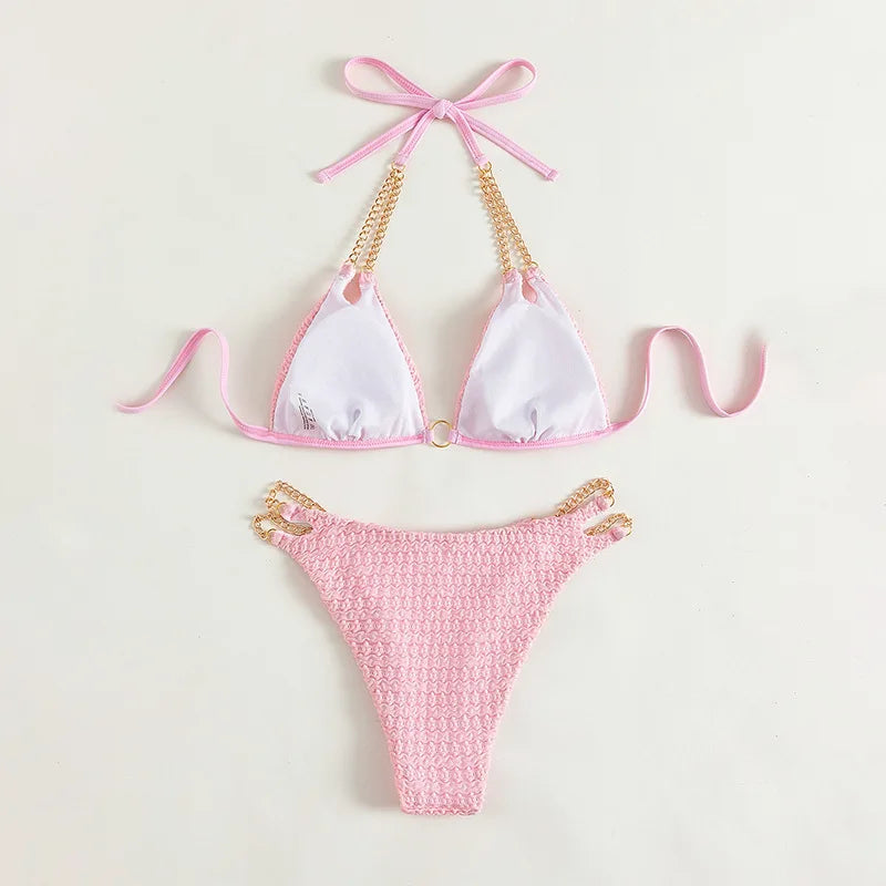 Sexy Halter Solid Bikini Set Female Swimsuit Two-piece Triangle Thong Metal Chain Strap Swimwear Bathing Suit Brazilian Biquinis