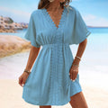 Factory Summer Ladies Solid Color V-neck Ice Cloth Lace Patchwork Bikini Swimsuit Cover-ups Loose Beach Dress for Women