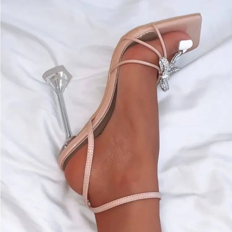 Femmes été talons fins strass sandales automne mode PU cuir semelle intérieure escarpins boucle orteil fermeture robe d'été sexy