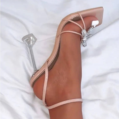 Femmes été talons fins strass sandales automne mode PU cuir semelle intérieure escarpins boucle orteil fermeture robe d'été sexy