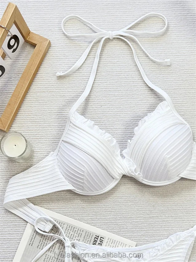 Best Girl Tube Top Brazil Sexy Ruffle Gather Thong Swimsuit Hot Ribbed Underwire Push up Micro Mini Bikini Set for Women