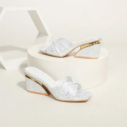 Xuanhui Hot Selling Fashion square Toe Snake Pattern Wedge Muller slippers Gold 6cm Heeled Sandals
