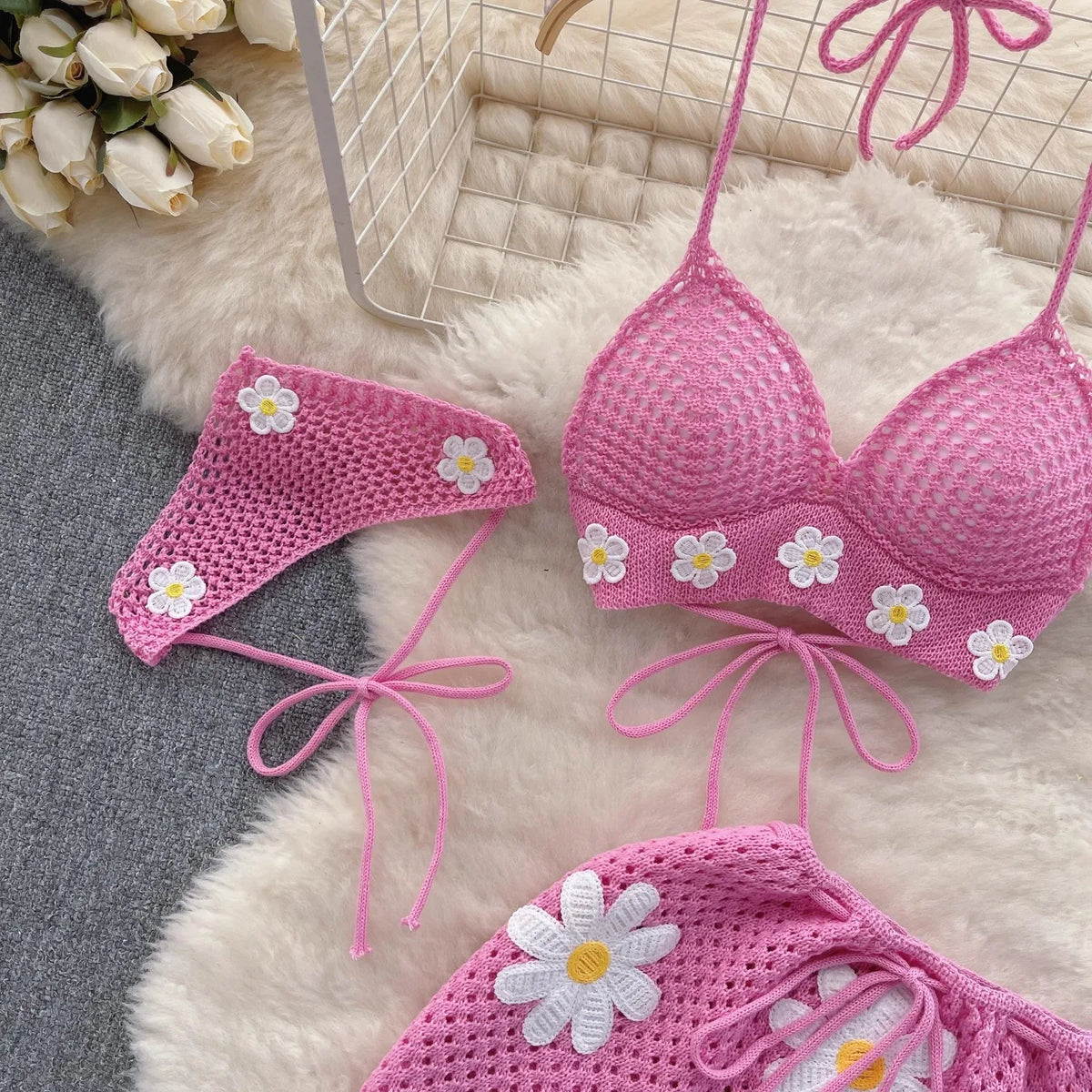 Bikini Three Piece Set Knitted Strap Set Beach Resort Style Knit Strap Bikini