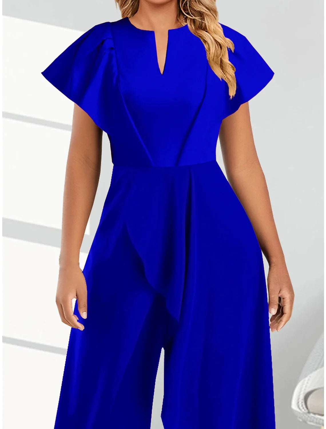 Combinaison femme col en V irrégulier, pantalon large, robe combinaison, manches courtes, couleur unie, tailles S-3XL