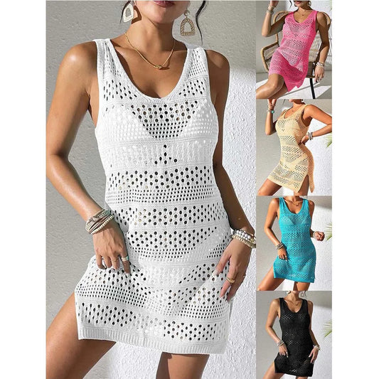 Summer Beach Vacation Swimsuit Bikini New Sleeveless Sun-proof Shirt Knitted Hollowing Out Cover up Dress Swimwear Beach Skirt