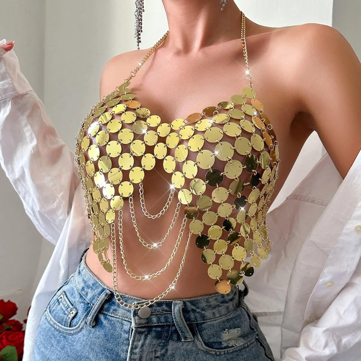 Festival Outfit 2024 Summer New Fashion Nightclub Sexy Sequin Bright Triangle Stitching Bikini Hollow Out Tank Top