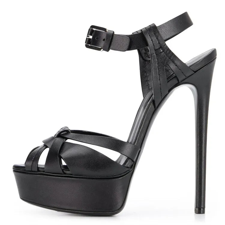 Ladies Crisscross Stiletto Heel Platform High Heels Gold PU Leather Ankle Strap Sexy Button Fashionable Summer Party Sandals