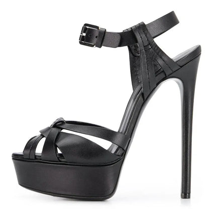 Ladies Crisscross Stiletto Heel Platform High Heels Gold PU Leather Ankle Strap Sexy Button Fashionable Summer Party Sandals