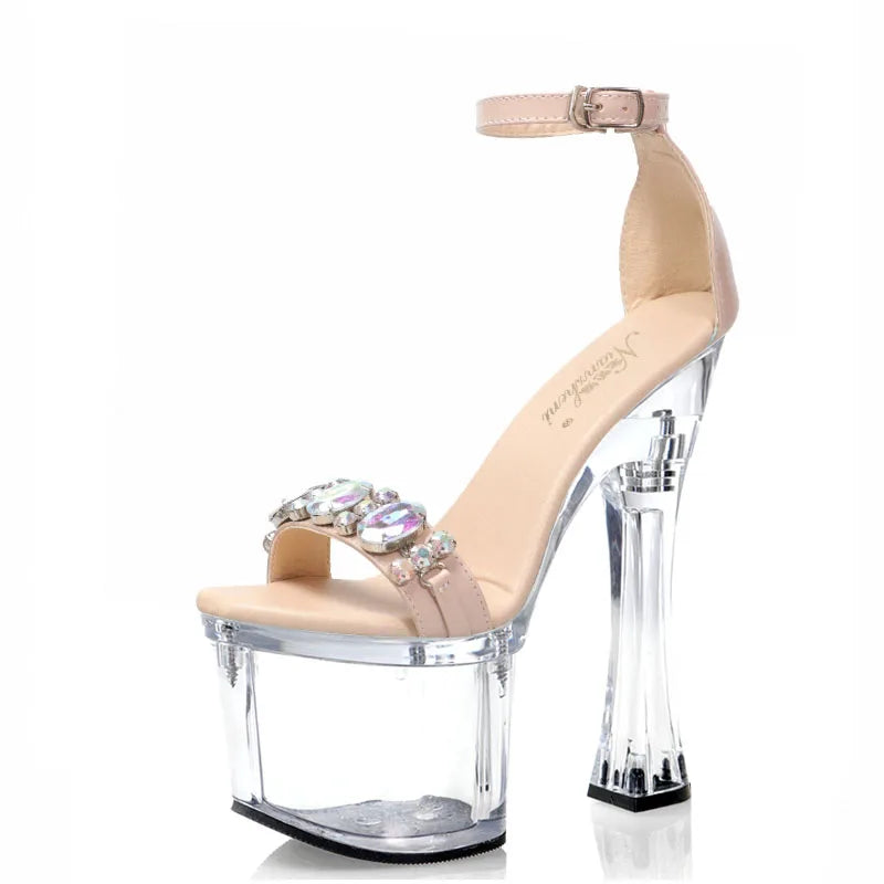 Strass Pantoletten mit Chunky Heel in Übergröße 14 cm Kristall Strass Offene Spitze Gothic Sexy Fetisch Elegant