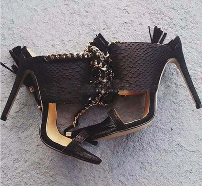 Sexy Metal Chain High Heel Sandals Fringes Straps Women Stiletto Slippers Lace up Party Shoes