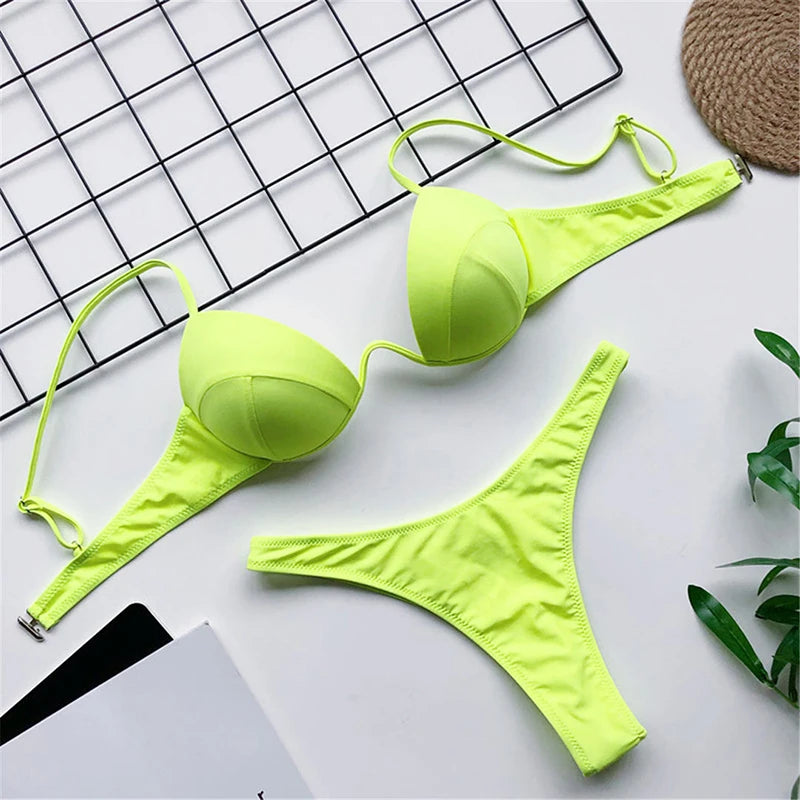 New Sexy V-bar Underwired Bra Push up Bikini Women Swimwear Female Swimsuit Two-pieces Set V Wire Bather Bathing Suit Swim