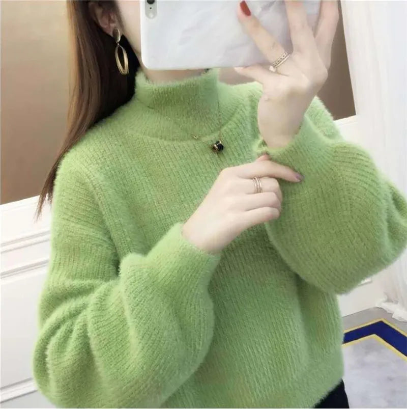 Autunno/Inverno Donna Maglione Pullover Nuovo Mezza Dolcevita Manica Lanterna Maglione Corto Imitazione Visone Pile Maglia Maglione Top