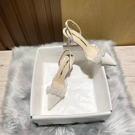 Baotou Sandals for Women in Spring and Summer, New French Transparent Pointed Small Heels, White High Heels