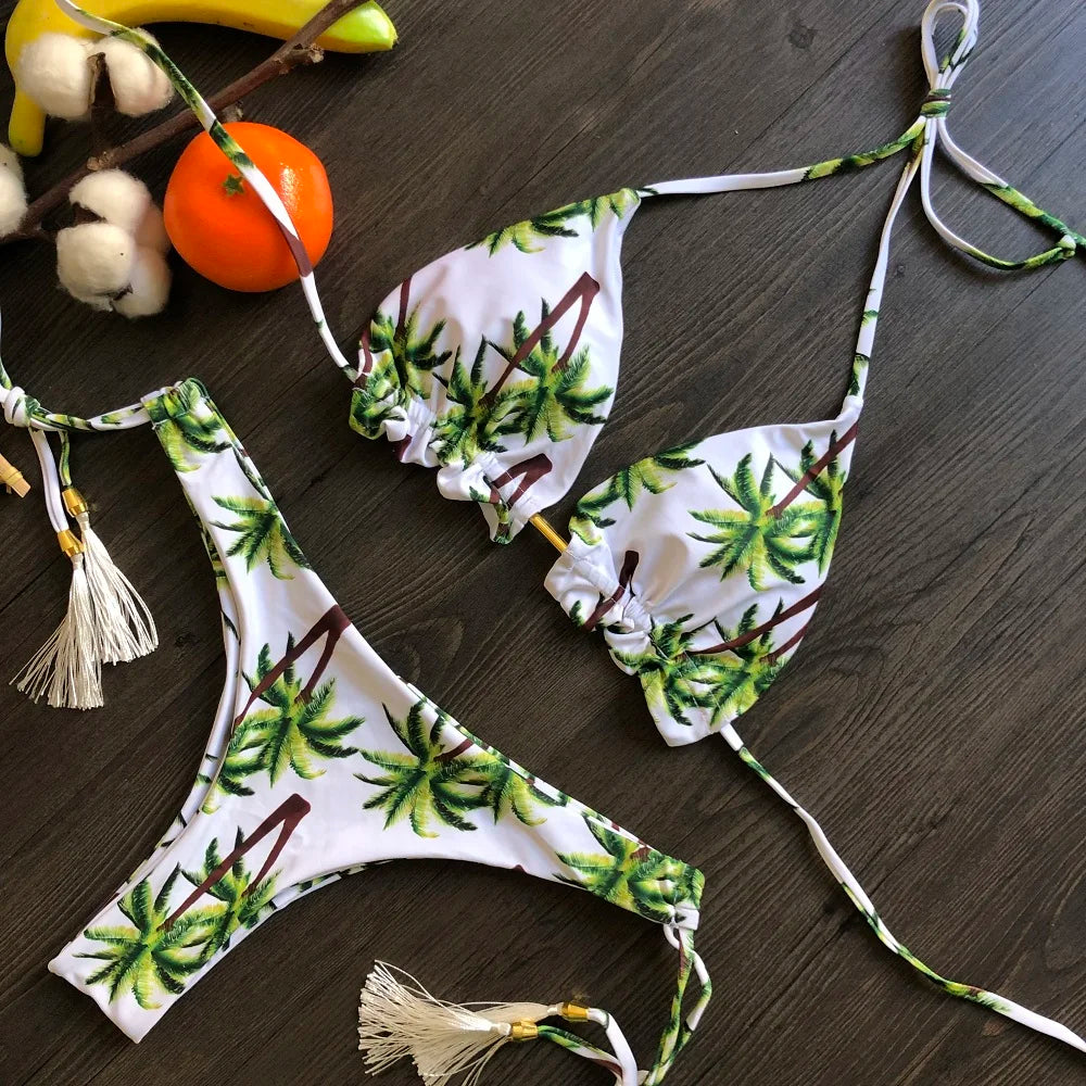 RUOTONGSEPT Sexy Micro Bikinis Set 2024 New Swimsuit Women Feather Print Bandage Swimwear Female Bathing Suit Brazilian Biquinis