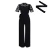 D509 Neuester Design Sexy Spitzen-Jumpsuit für Damen, ausgeschnitten, kurze Ärmel, zum Binden, hohe Taille, weites Bein, Jumpsuits für Damen