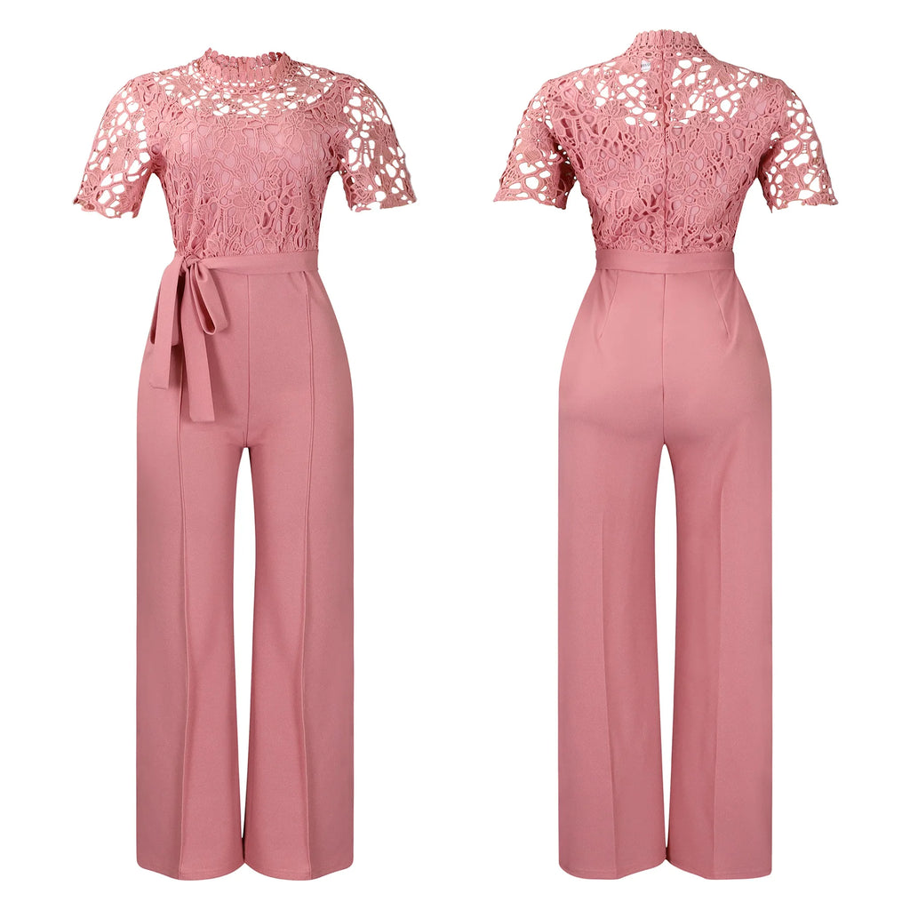 D509 Latest Design Sexy Lace Jumpsuit for Women Hollow Out Short Sleeve Tie up High Waist Wide Leg Jumpsuits for Ladies