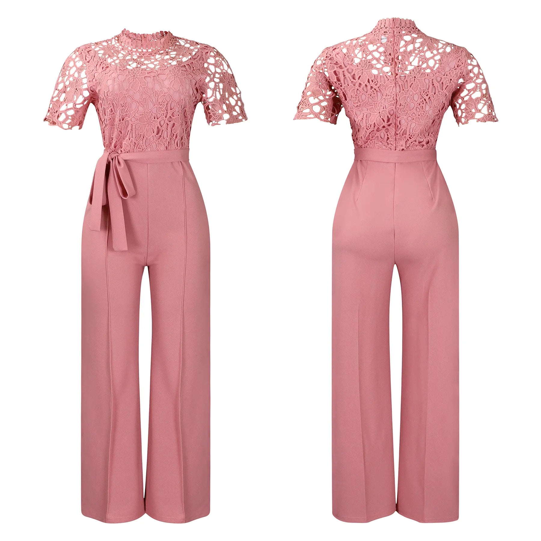 D509 Latest Design Sexy Lace Jumpsuit for Women Hollow Out Short Sleeve Tie up High Waist Wide Leg Jumpsuits for Ladies