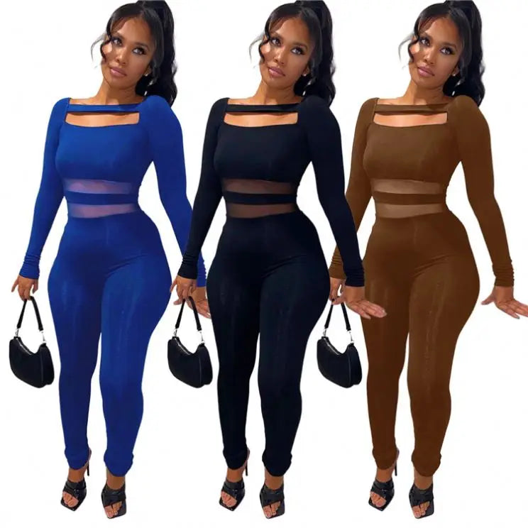 2022 Women's Sexy Hollow Bodycon Rompers Long Sleeve Jumpsuit Notched Collar Knit Anti-Pilling Polyester Blended Wholesale