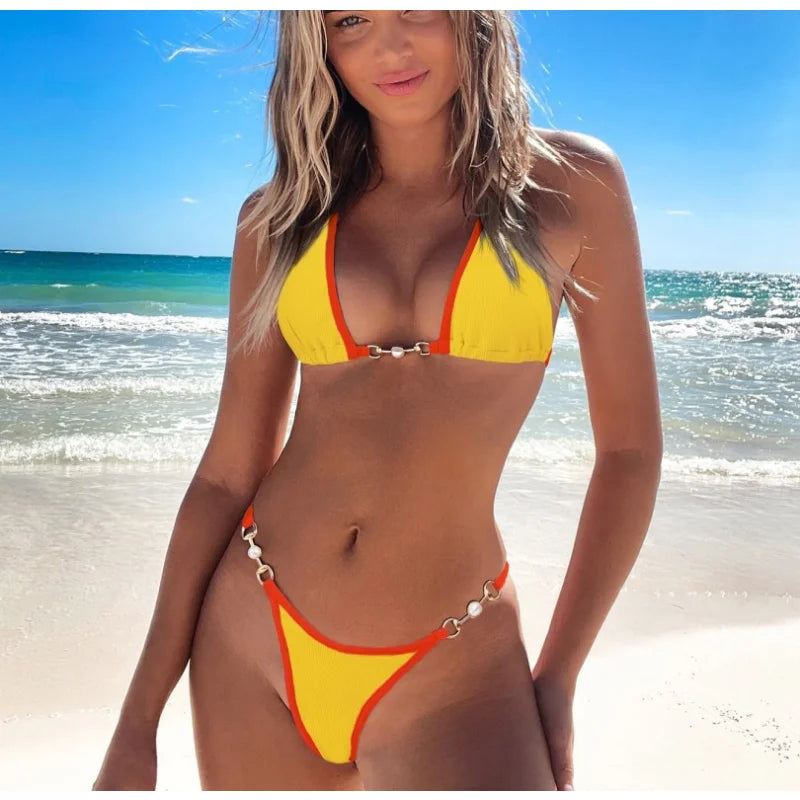 2025 New Push-Up Floral Solid Thongs 2-Piece Set V-Neck Rib Binding Trim Halter Bikini Spandex/Nylon Breathable Quick-Dry Sexy