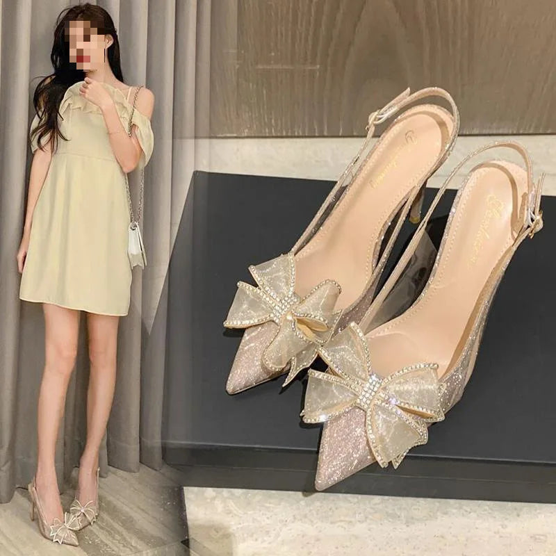 Elegant Woman's Wedding Sandals French Bow Shallow Cut Thick Trendy Upper Lighted Sandals Outdoor Summer Bride Shoes