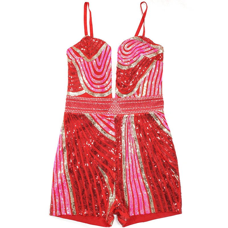 In Stock CY900886 Woman Short Romper Sequin Umpsuit Waist Stones Bodysuits Jumpsuit Women