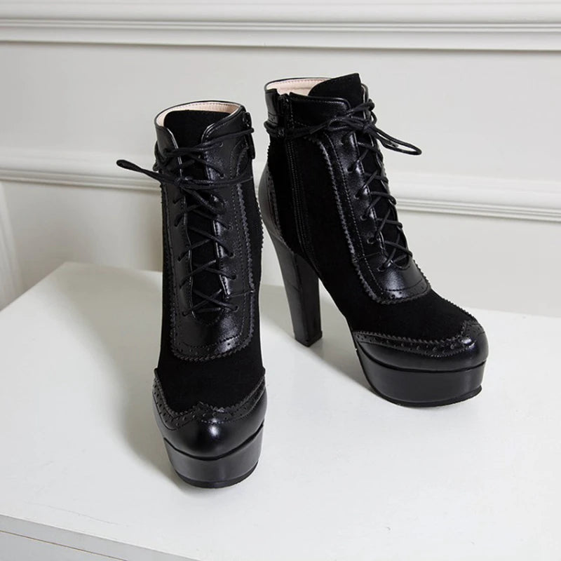 REAVE CAT Ankle Boots Lace Up Flock Platforms Round Toe Block Heel Short Plush Black Yellow Grey A4506